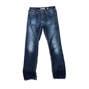 BKE Jake Jeans Mens 33 XXL Long Blue Bootleg Buckle Faded Dark Wash Denim